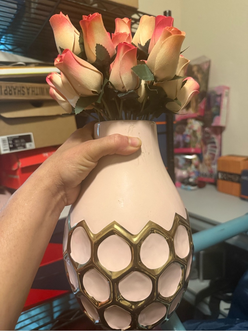 Pink Ceramic Vase with Gold Honeycomb Accent
